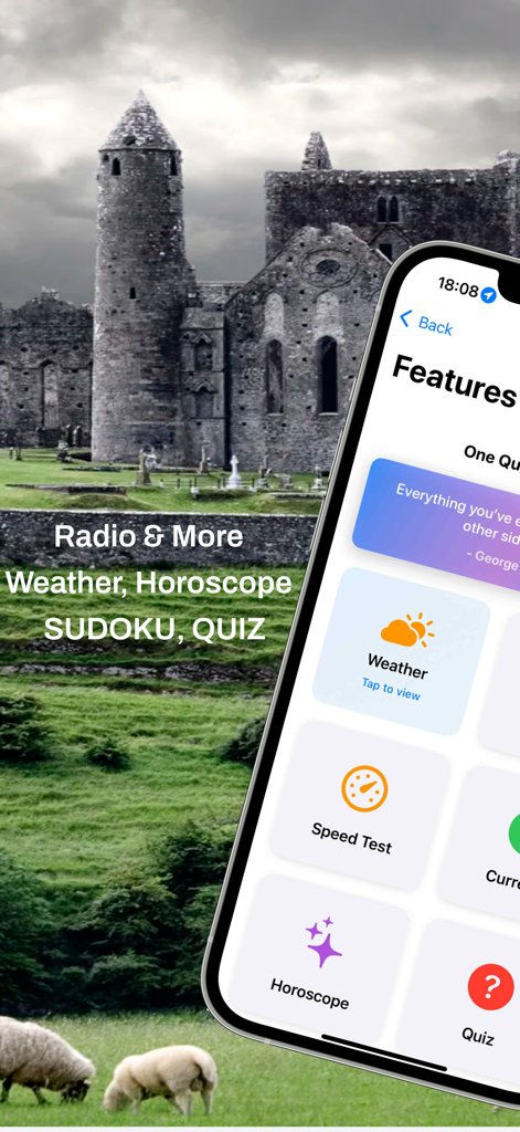 Irish Radio – Live Stations - Irish Radio app features screen displaying weather horoscope and quiz games over a scenic Irish landscape.
