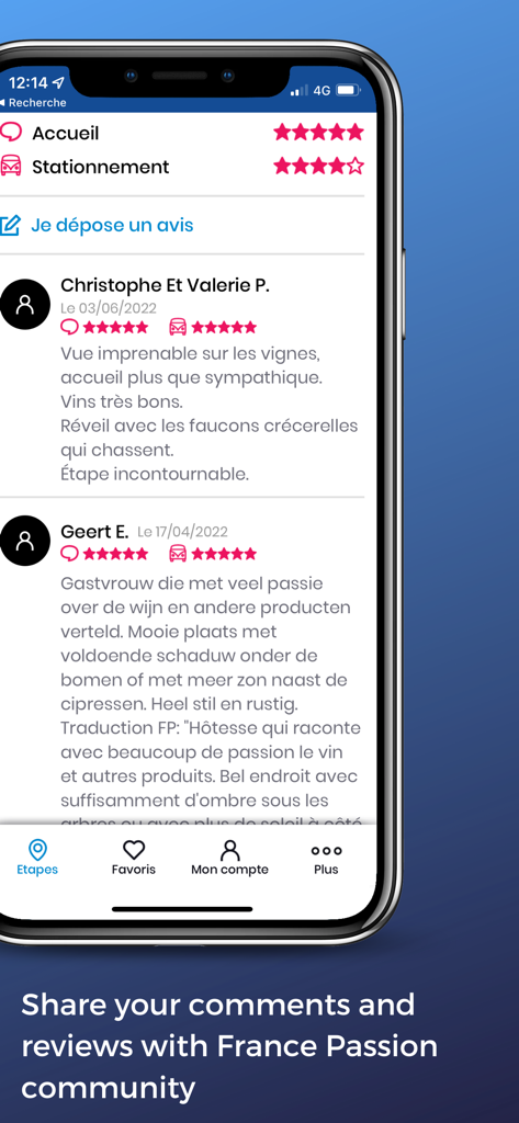 Una interfaz de aplicación móvil mostrando reseñas de usuarios y calificaciones de estrellas para paradas de autocaravanas en la Francia rural.