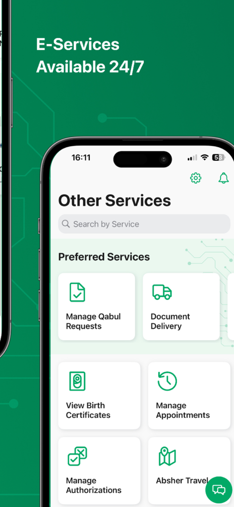 Absher app screen displaying digital government services for Saudi citizens and residents