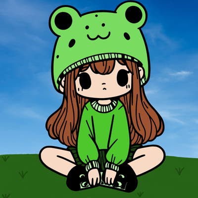 a girl wearing a frog hat and some frog socks