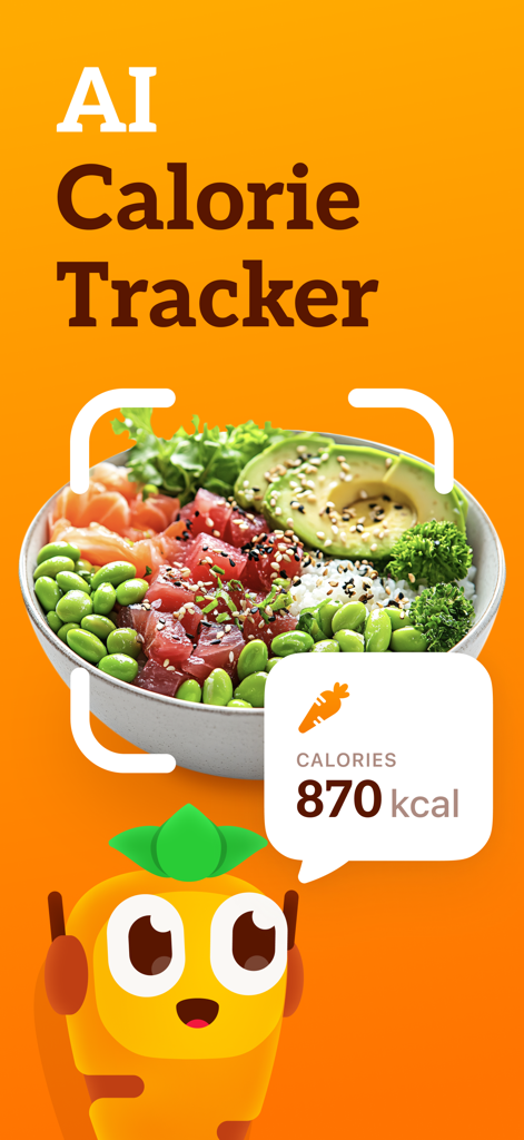 CalApp AI calorie tracker scanning a poke bowl to show a calorie count of 870 kcal