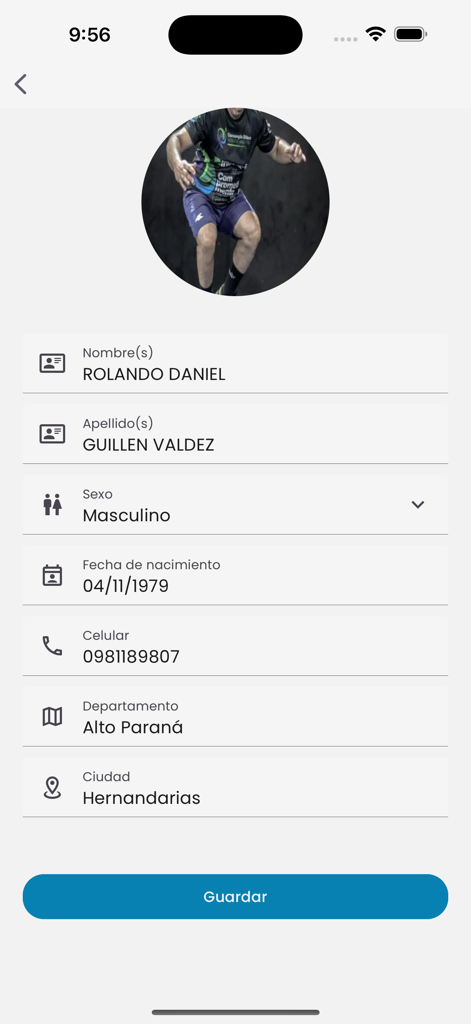 Padelsys - Profile setup screen in the Padelsys app showing personal information fields and a save button