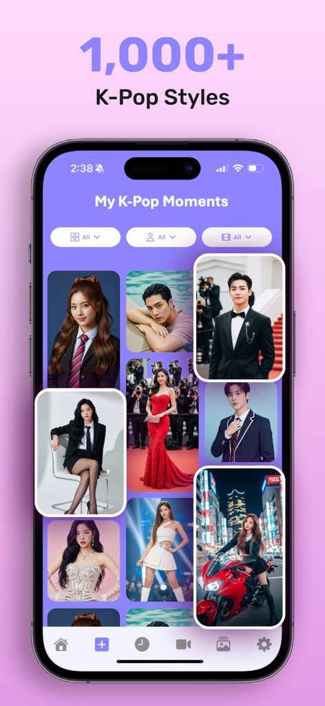 K-Popify: K-Pop Photo Studio - Tela do aplicativo K-Popify exibindo uma variedade de estilos de retratos de ídolos K-Pop.