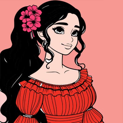 a single latina woman with a side ponytail and a long dress with ruffles. she has a few discreet flowers in her hair. realistic