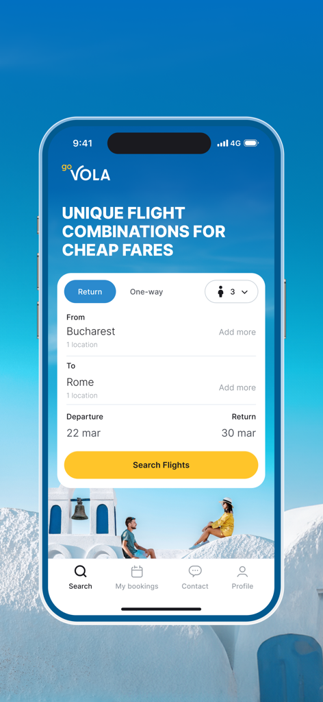 GoVola mobile app flight search screen showing cheap travel combinations