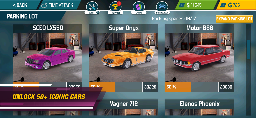 Parking lot menu in Car Mechanic Simulator 21 showing different car models and game currency
