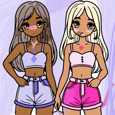 two sisters with crop tops and jean shorts and straight hair