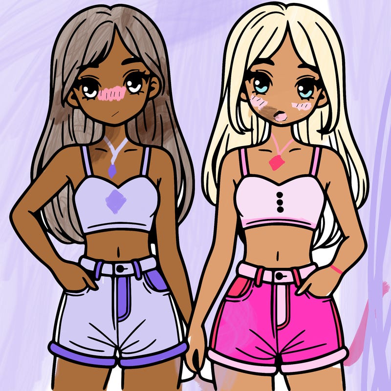 two sisters with crop tops and jean shorts and straight hair