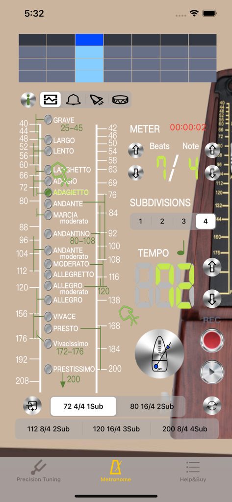 UkuleleTuner - Tuner for Uke - Interfaz del metrónomo de la aplicación UkuleleTuner que muestra varias marcas de tempo y configuraciones de compás