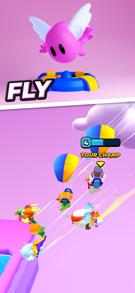 Pocket Champs PVP Racing Games - Um personagem rosa fazendo parapente em uma corrida multijogador em Pocket Champs