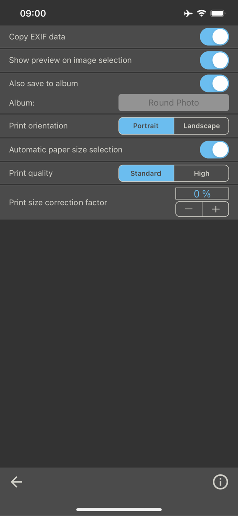 Round Photo - Settings screen of the Round Photo app showing options for EXIF data, album saving, print orientation, and print quality.