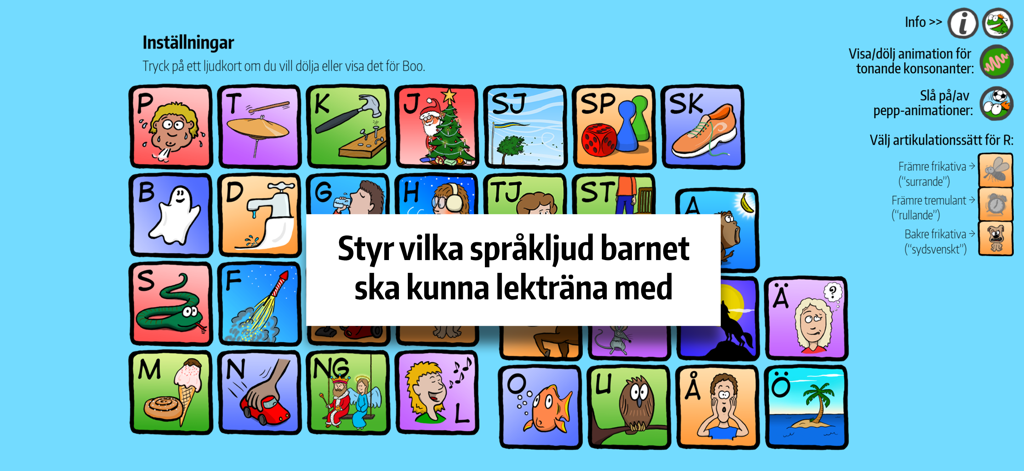 Ljuda med Boo! - Pantalla de ajustes en la aplicación Ljuda med Boo que muestra una cuadrícula de sonidos del habla y letras suecas para practicar.