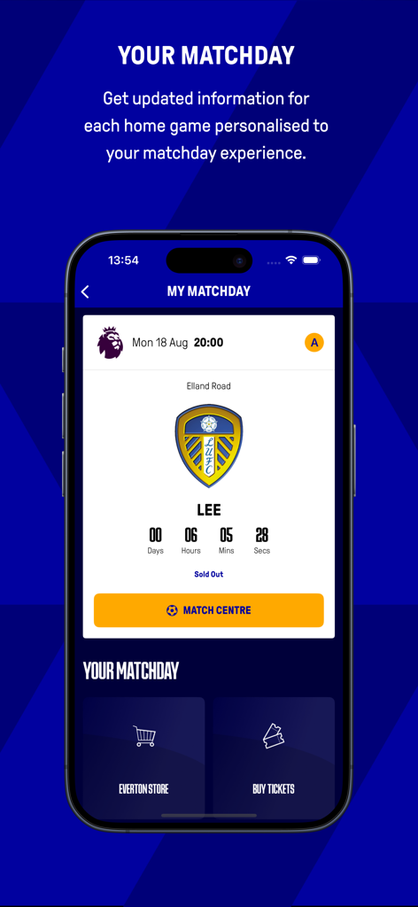 Everton - Everton app interface showing matchday details and countdown