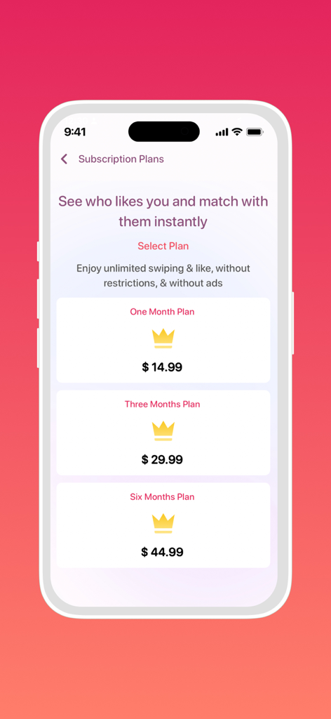 Subscription plans screen for Singles Connect dating app showing pricing tiers for one three and six months
