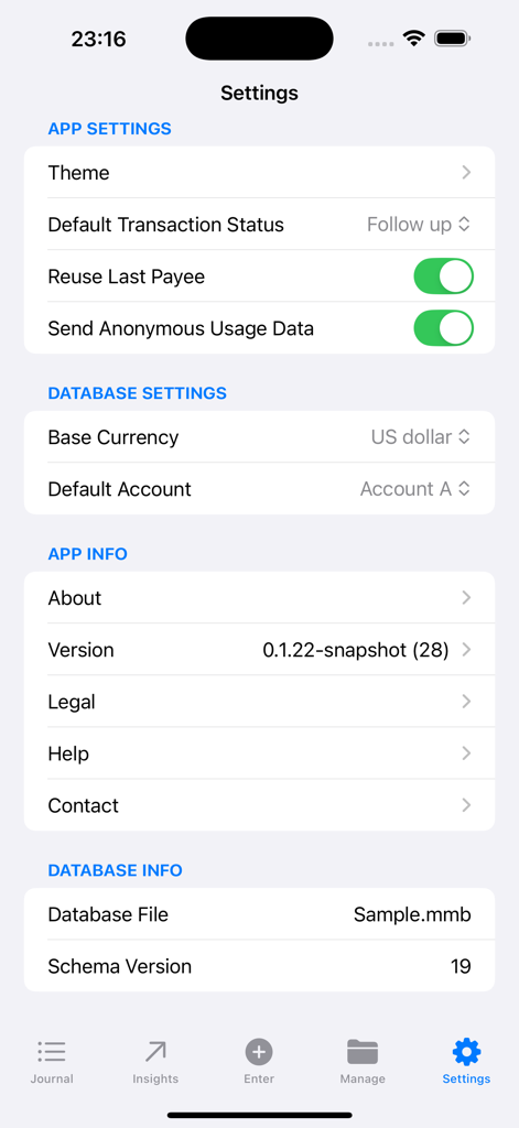 Money Manager EX - The Settings screen of the Money Manager EX app displaying app configurations, database settings, and version information.