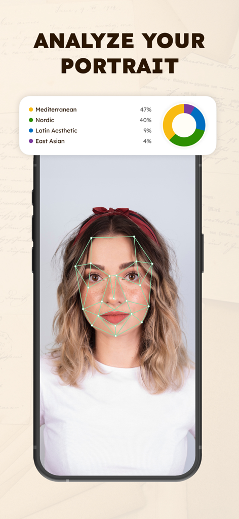 Facial analysis screen showing ethnicity percentages and a heritage chart for a woman portrait