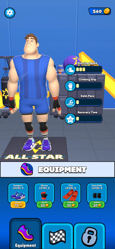 All Stars Challenge - Tela de personalização de personagem em All Stars Challenge mostrando estatísticas do atleta e equipamento atualizável