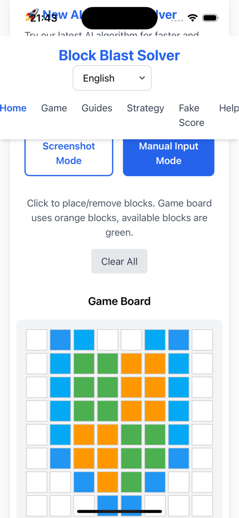 Manual input mode interface of Block Blast Solver Pro with a puzzle grid and color coded blocks.