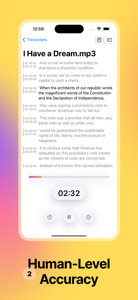 Whisper Transcribe - Dictation - Whisper Transcribe app interface on an iPhone showing a high-accuracy text transcription with timestamps.