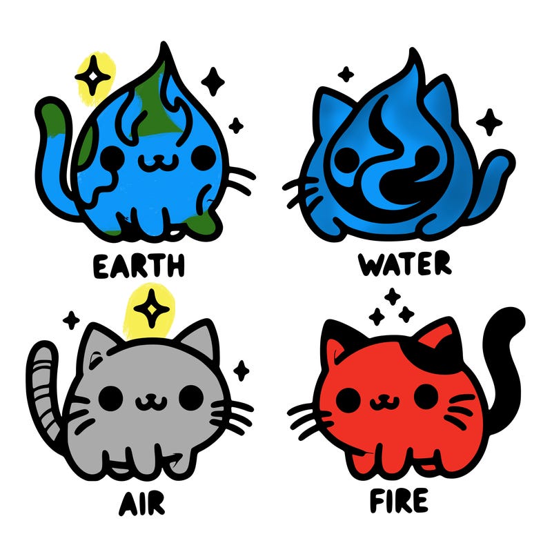 4 cats that represent the different elements, earth, water, air, and fire
