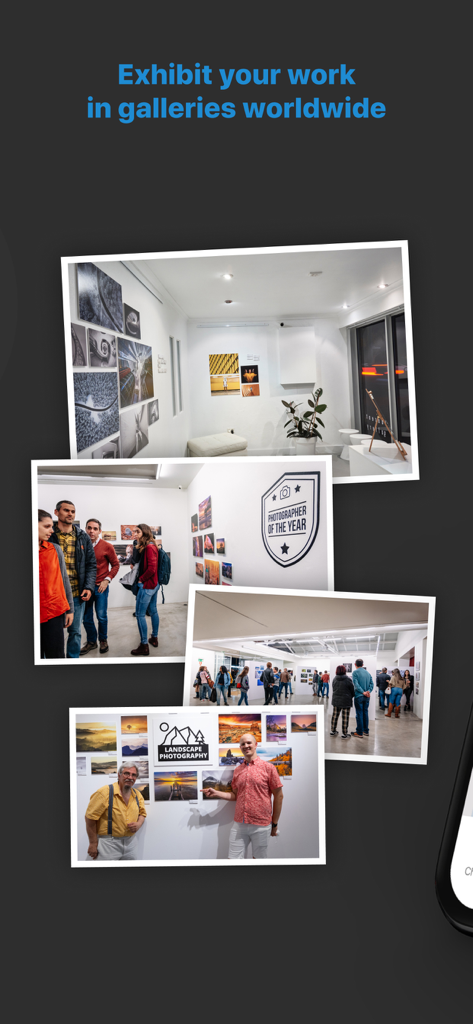GuruShots: Photography Game - A collage showing photography enthusiasts and visitors at real-world gallery exhibitions showcasing GuruShots community work.