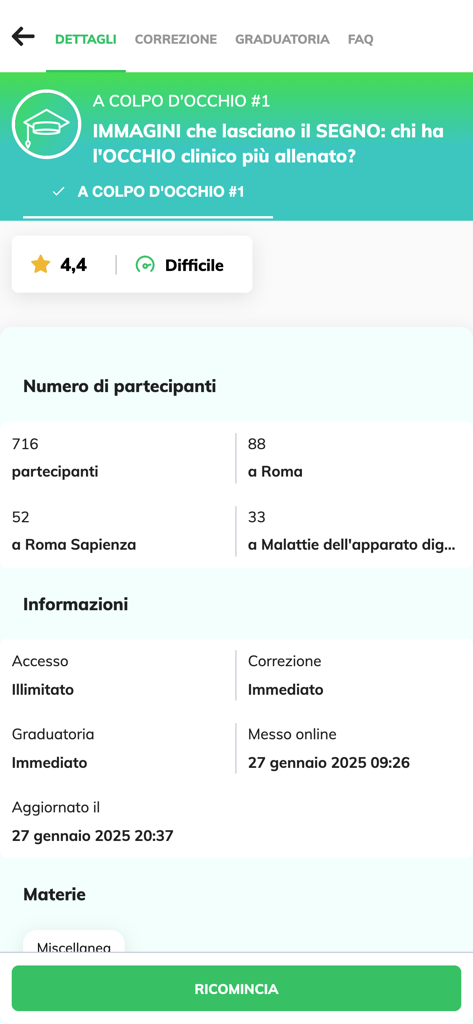 Screenshot dell'app prepSSM che mostra le statistiche dei partecipanti e i dettagli di una simulazione di esame di ammissione alla specializzazione medica
