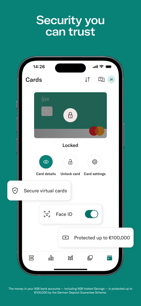N26 — Love your bank - N26 mobile app interface showing card security settings and Face ID activation