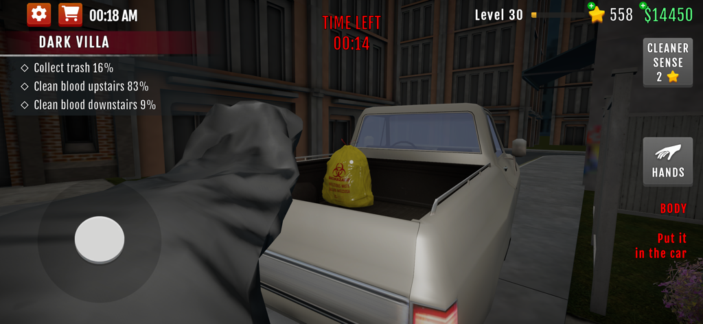 Crime Scene Cleaner: Mobile 3D - First person gameplay view of carrying a body bag to a pickup truck in Crime Scene Cleaner Mobile 3D