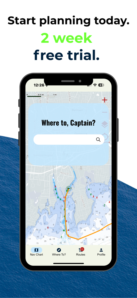 Ditch: Boat Navigation - Smartphone screen displaying the Ditch boat navigation app route planning and marine charts.