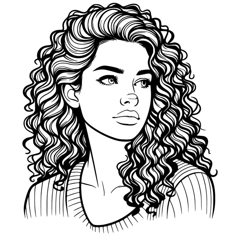 realistic looking caucasian woman with curly hair looking to the side