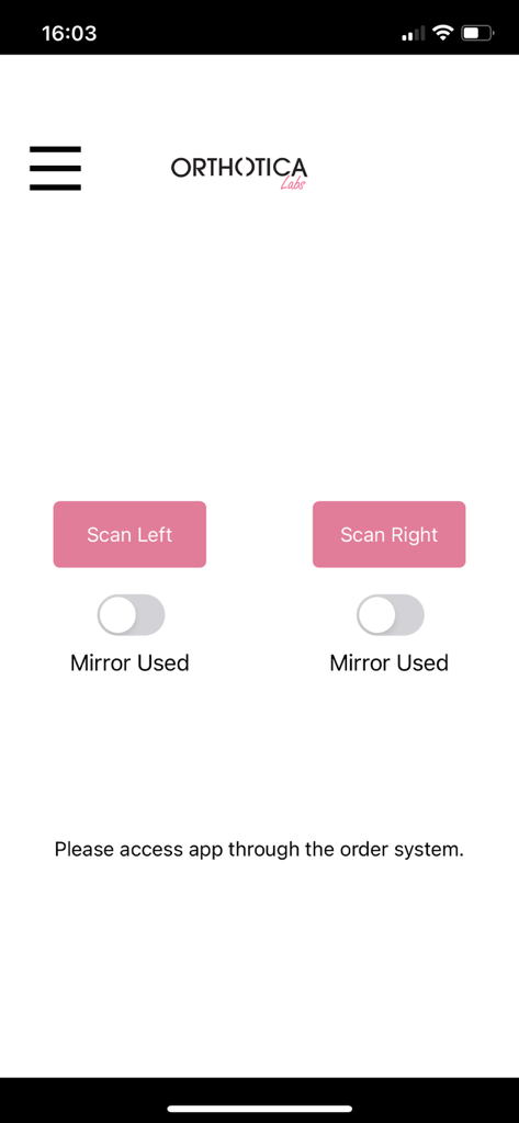Orthotica Pocket 3D - Interface of Orthotica Pocket 3D app showing options to scan left and right feet for medical orthotics