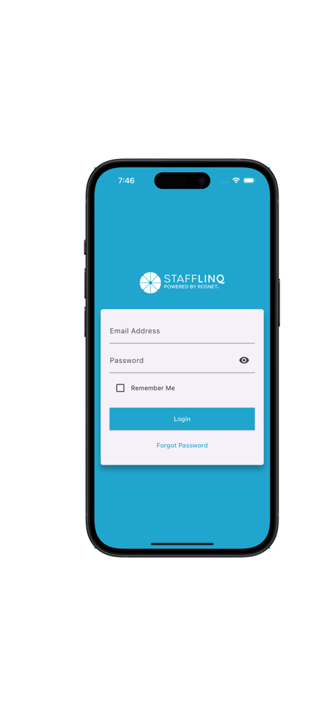 StaffLinQ mobile app login screen with email and password fields