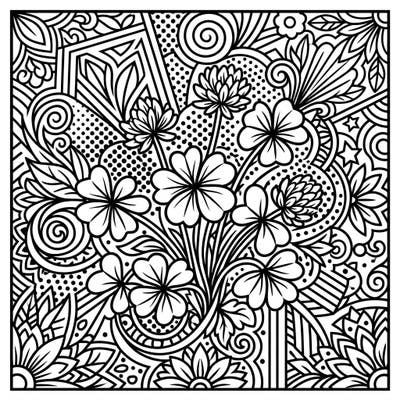 Immerse yourself in a dynamic Pop Art interpretation of shamrock flowers, perfect for a burst of creative expression. This intricate design features bold outlines and halftone patterns, offering a unique coloring challenge.