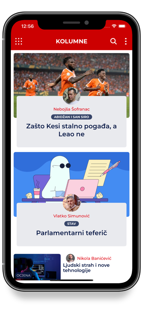 Der Spaltenbereich der RTCG Nachrichten-App auf einem mobilen Gerät zeigt Meinungsartikel.