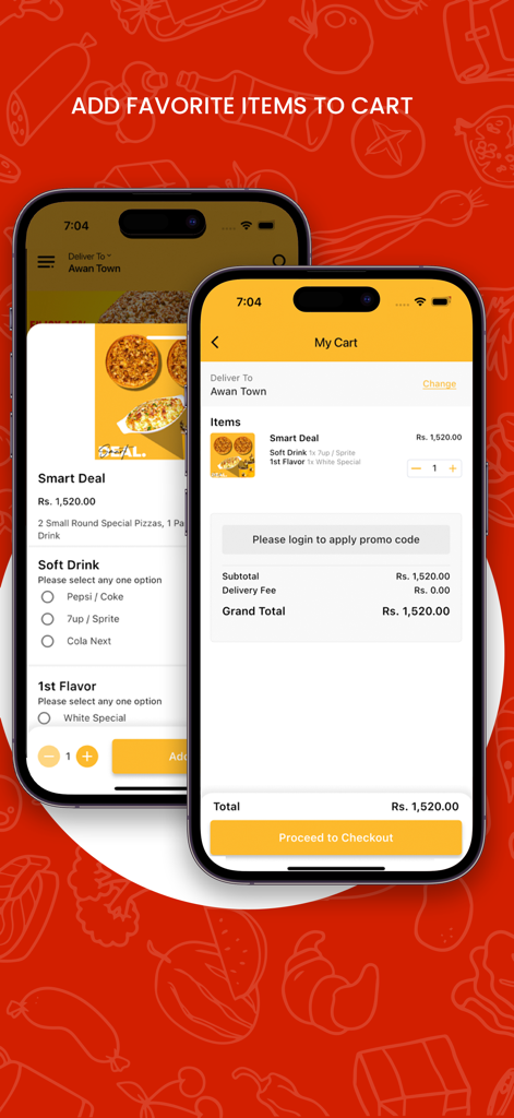 Whites Castle - Mobile app screens of Whites Castle showing pizza deal selection and the shopping cart checkout process.