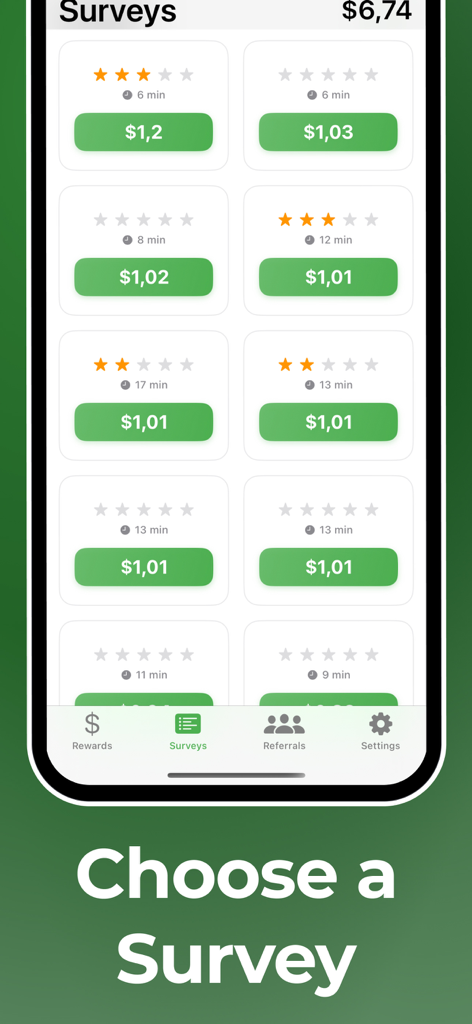 Interface of the Earn real money cash app showing a list of available surveys with cash rewards and estimated times.