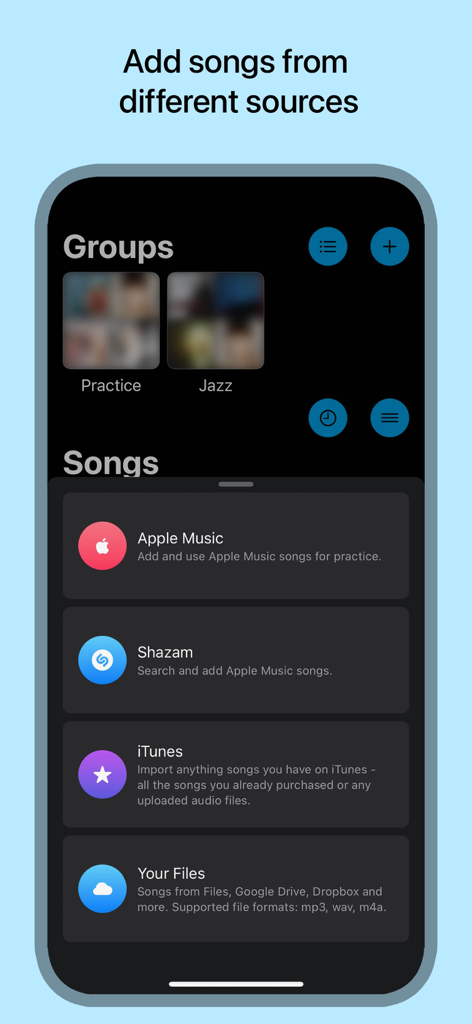Mobile screen showing options to add songs from Apple Music Shazam iTunes and local files for music practice