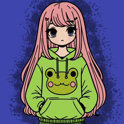 a girl wearing a frog sweatshirt and she has long hair