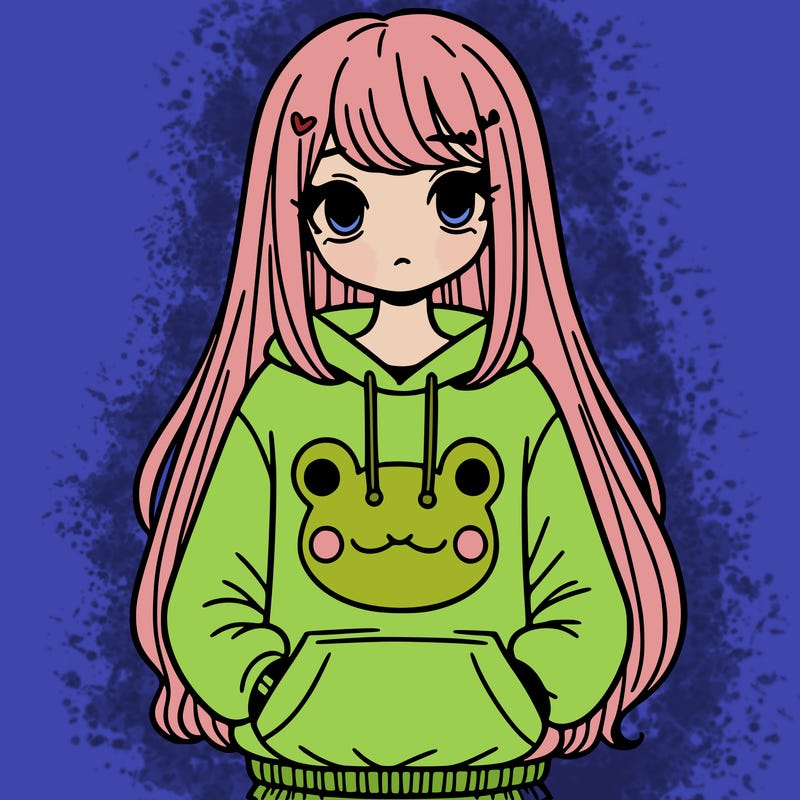 a girl wearing a frog sweatshirt and she has long hair