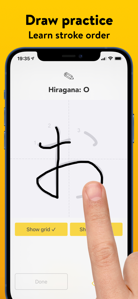 Una pantalla de smartphone que muestra la práctica de escritura de la aplicación Kana para aprender el orden de los trazos de los caracteres Hiragana.