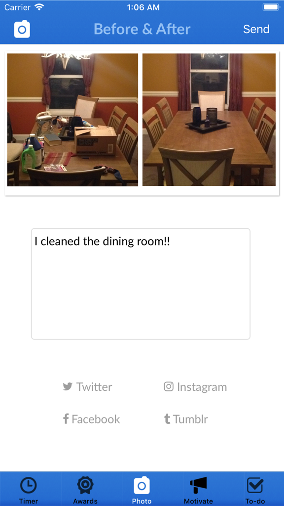 Screenshot of the Unfilth Your Habitat app showing a before and after comparison of a cleaned dining room with social sharing options.