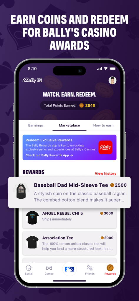 Bally Sports Live - Bally Sports Live app rewards marketplace showing coins earned and merchandise available for redemption