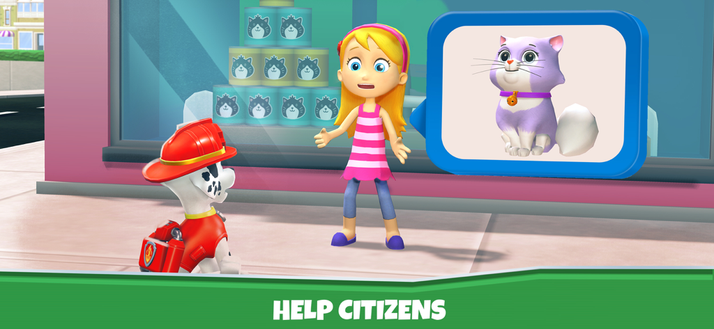PAW Patrol Rescue World - Marshall, o filhote bombeiro, ajudando uma menina a encontrar seu gato perdido em Baía da Aventura.