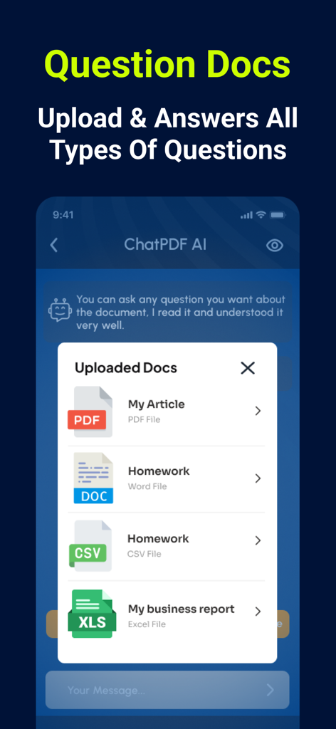 ChatPDF AI: Scan & Summarize - Mobile app interface showing uploaded PDF Word CSV and Excel documents for AI analysis
