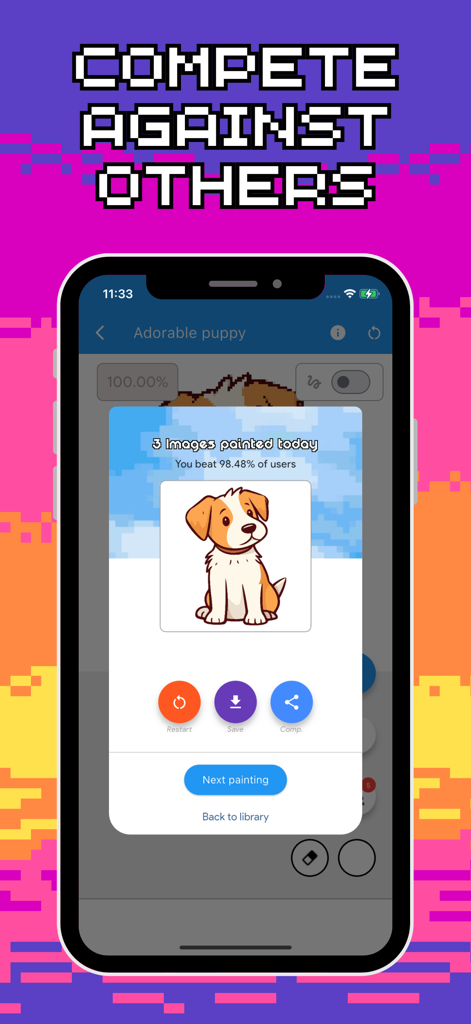Color by Number: Paint & Draw - Una captura de pantalla móvil que muestra una pintura completada de un cachorro en una aplicación de coloreado por número con una notificación de que el usuario superó al noventa y ocho por ciento de los demás.