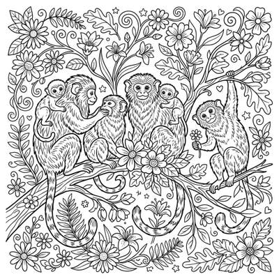 Delight in the intricate details of a tamarin family exploring a beautiful spring landscape, perfect for an engaging adult coloring experience. This page offers a mindful escape into nature's beauty and the charming world of these social monkeys.