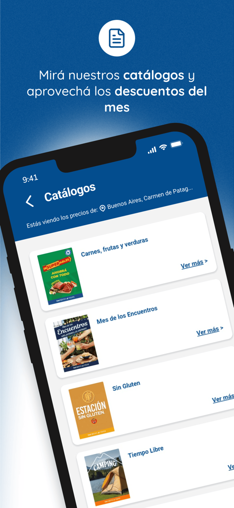 Interface of the La Anonima app showing various discount catalogs for groceries and household items.