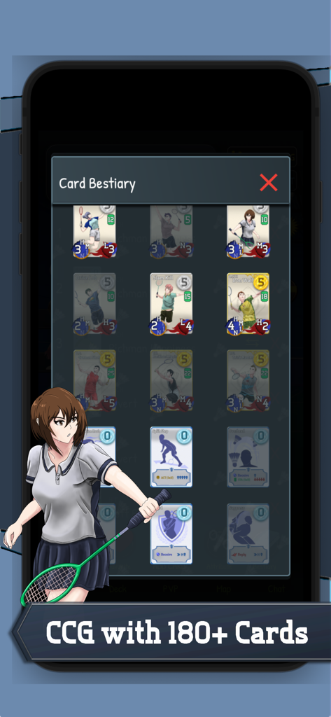 BattleCross Badminton Card RPG - BattleCross Badminton Card RPG interface showing the card bestiary and an anime character holding a racket