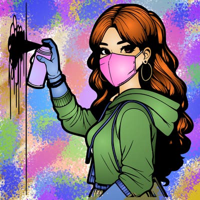 realistic girl with mask spray painting a wall