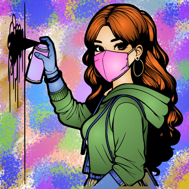 realistic girl with mask spray painting a wall